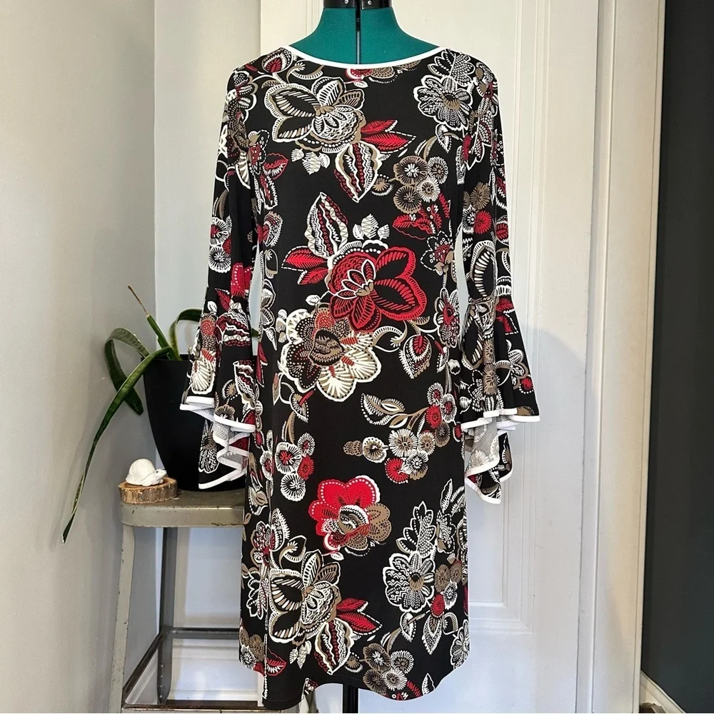 MSK Black Floral Midi Dress with Red and Cream Accents